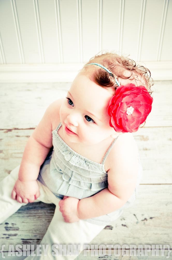 NEW - Large Red Silk Flower on a Skinny Turquoise Stretch Headband - Valentine's, 4th of July, Summer, Spring, Birthday