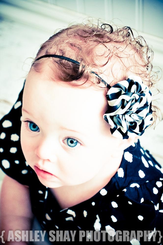 NEW - Single Zebra/Black & White Striped Satin Flower on a Skinny Black Elastic Headband
