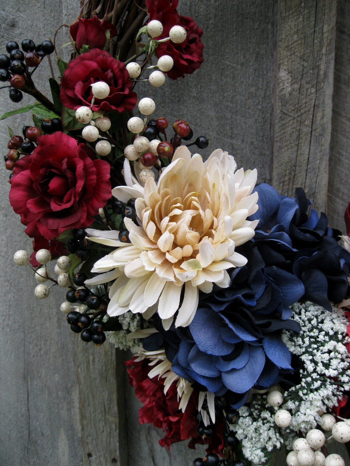 Americana Wreath, Patriotic Door Wreath, Hydrangea, Mums, Tea Stained Flag