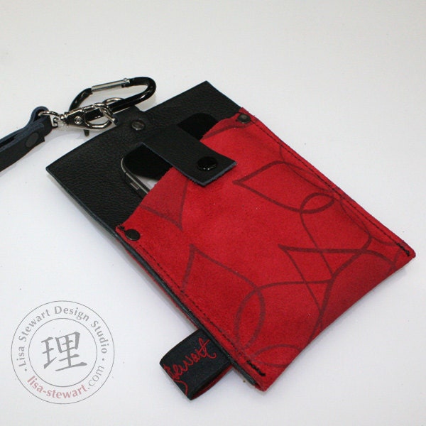 Leather iPhone Snap Case - 2 Sided Red Flower Suede Wristlet