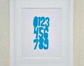 NUMBERS GAME - 123's - original linocut print - letterpress - turquoise blue or custom color - 8x10