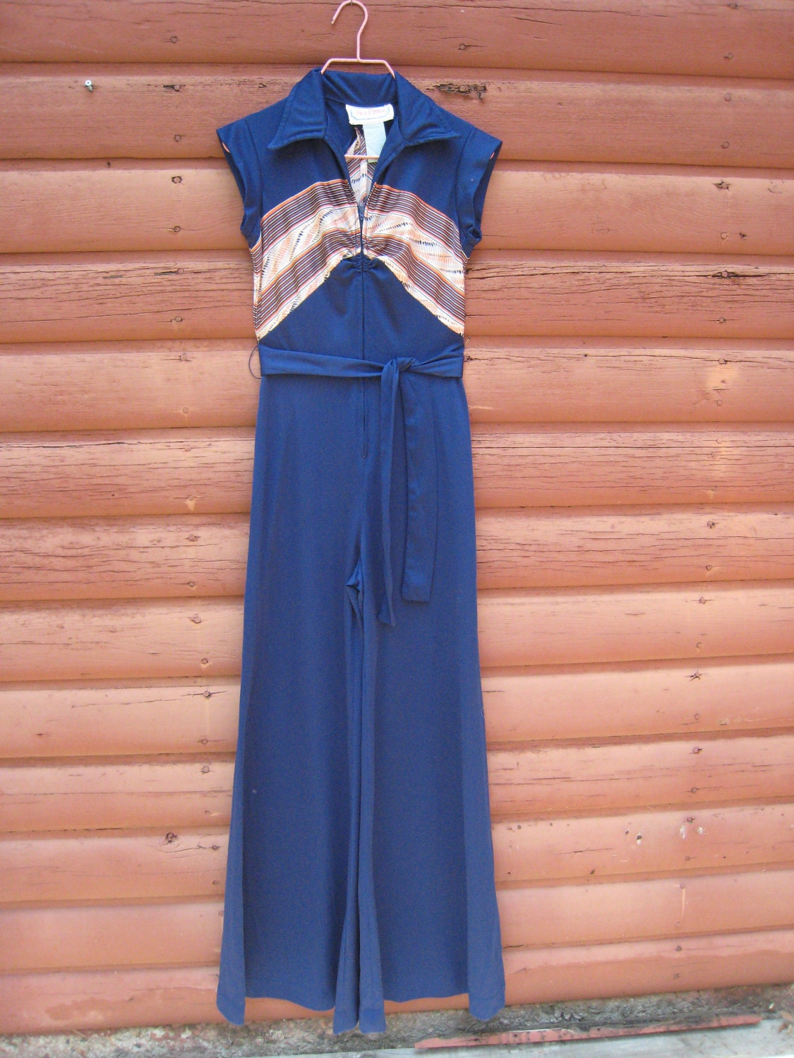 Vintage 1970s Polyester Bell Bottom Jumpsuit By Nu Phase with Chevron Stripe Detail XS
