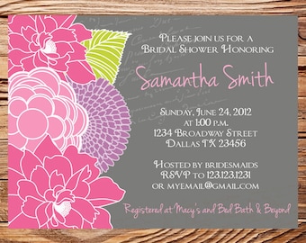 Bridal shower invitation, Floral Wedding Shower, Floral Bridal Shower, Pink, Purple, Green, Gray Invite,  digital, printable file (6071)