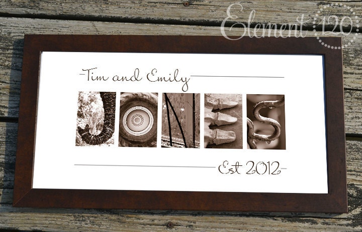 Custom Alphabet Letter Art Wedding or Anniversary Gift, Personalized Sepia Photography Name Frame - 10x20 Modern Frame