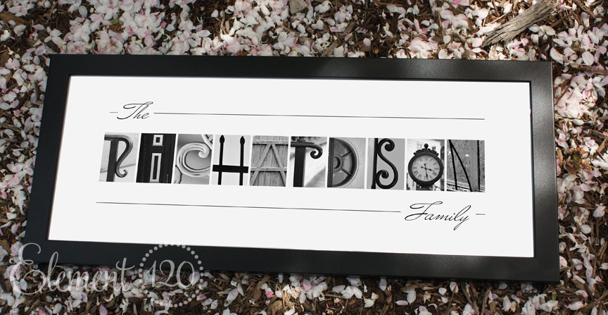 Alphabet Photography Last Name Art - Framed Modern 10x26, Personalized Letter Art, Great Bridal Shower or Wedding Gift