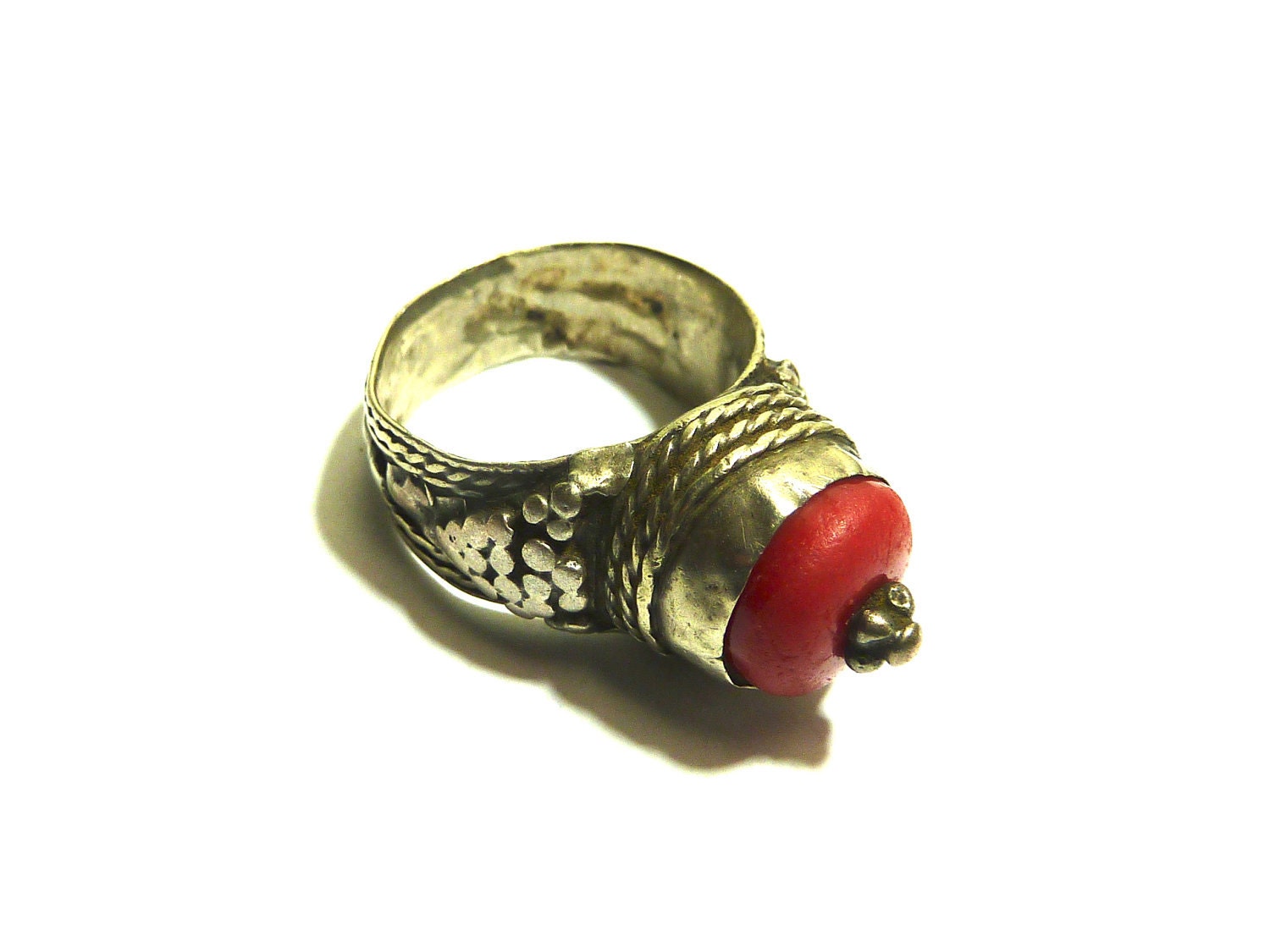 Antique Vintage Turkish Bedouin Coral Yemenite Tribal Ring