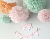 Maggie Collection- 5 Pom Poms- baby girl shower hanging decorations/ wedding shower/ getaway car decoration/ vintage party decorations