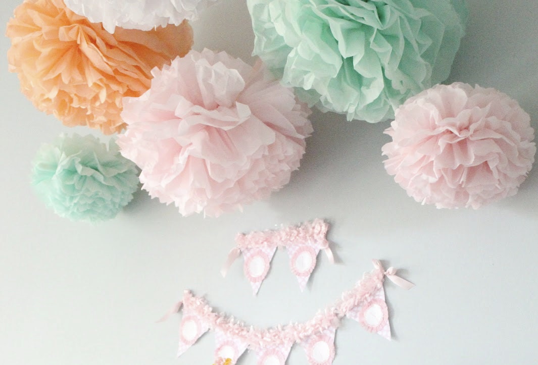 Maggie Collection- 5 Pom Poms- baby girl shower hanging decorations/ wedding shower/ getaway car decoration/ vintage party decorations