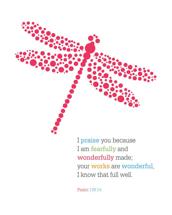 Girl Wall Print (multicolor text with dragonfly embellishment) Psalm 139:14 - 8 x 10 Print