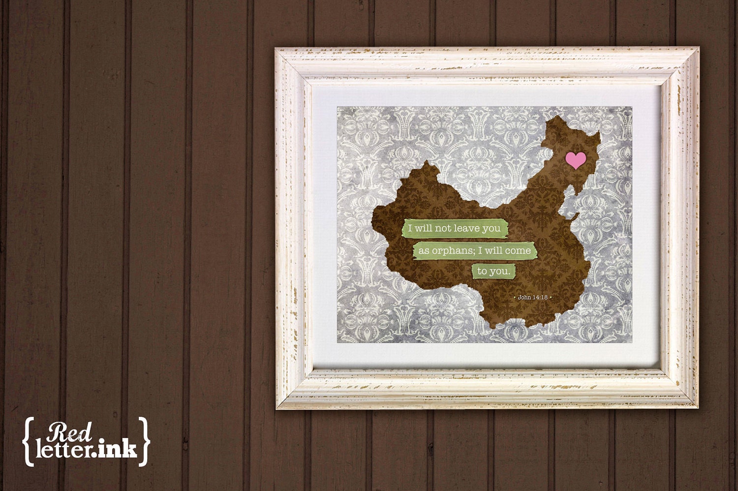 Adoption Wall Print - China (pink/blue/green, gray)  John 14:18 - 8 x 10 Print