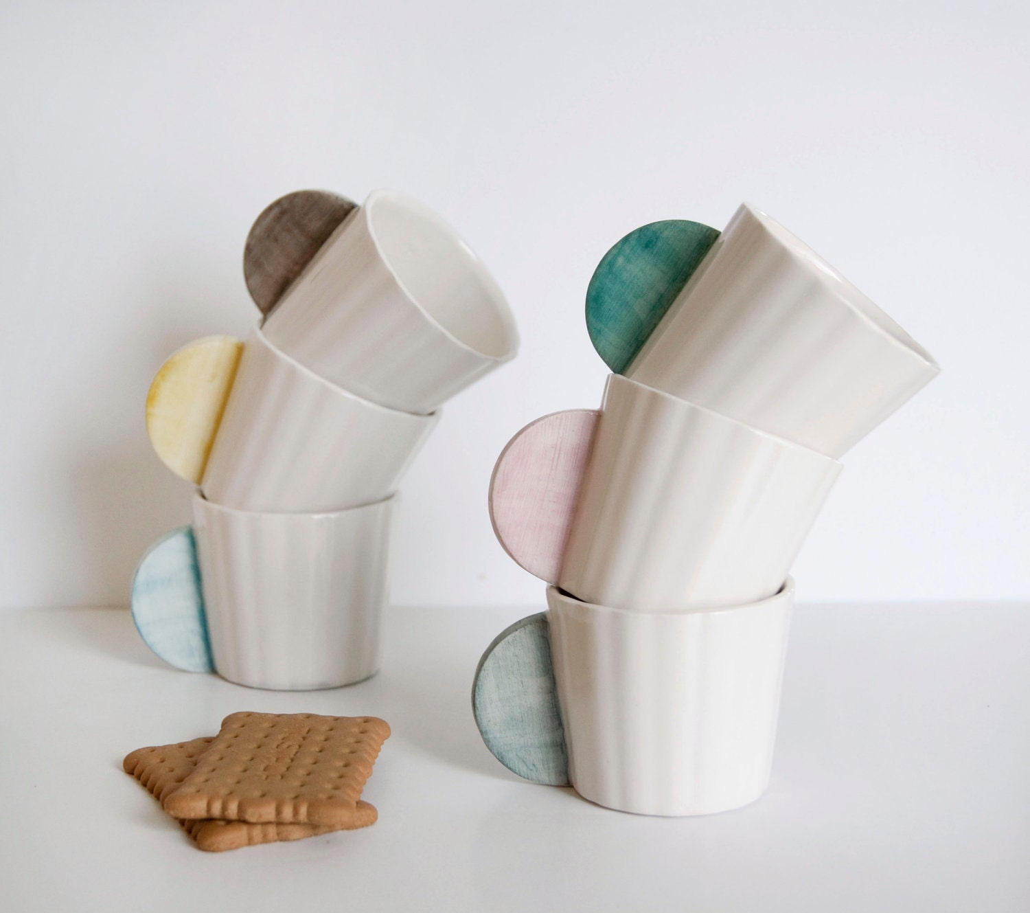 Ceramic Coffee Cups Set of 6 in different colors: pink, mint, gray, yellow, black and blue