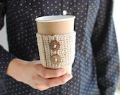 Coffee cup cozy, Natural beige nude color with natural buttons by The Cozy Project - thecozyproject