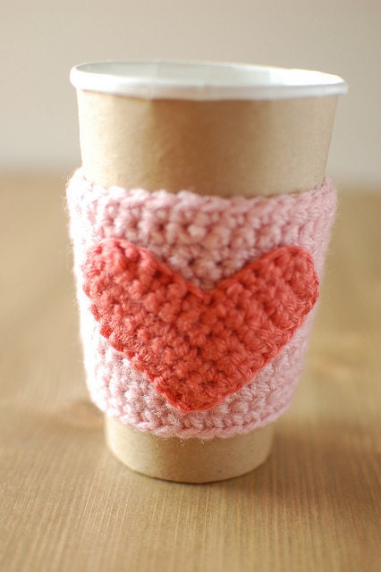 Heart Coffee cup sleeve cozy Pink with pink by The Cozy  Project