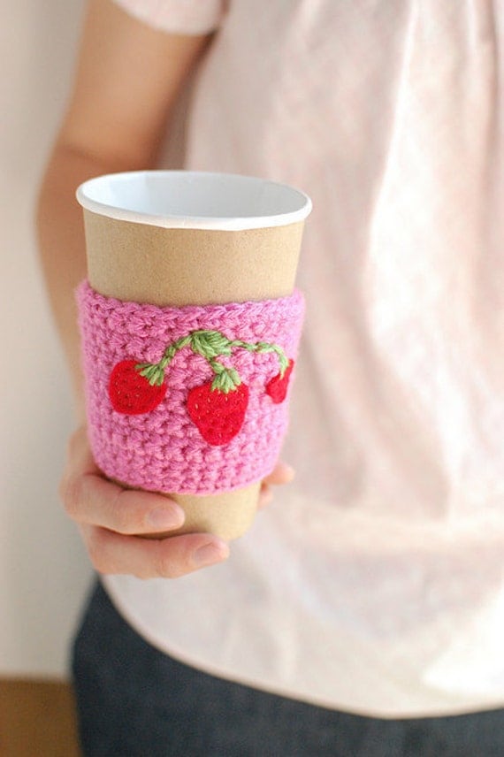 Coffee cup cozy  Pink with strawberries by The Cozy Project