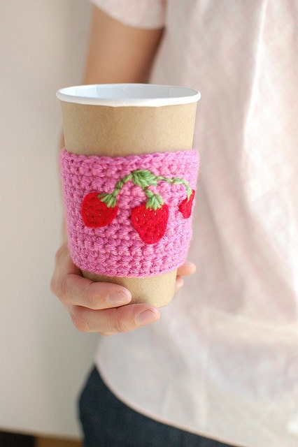 Coffee cup cozy  Pink with strawberries by The Cozy Project