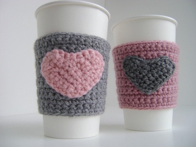 Cup cozy, Gray with Pink heart by The Cozy Project