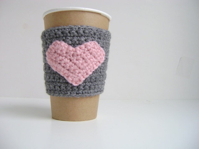 Cup cozy, Gray with Pink heart by The Cozy Project
