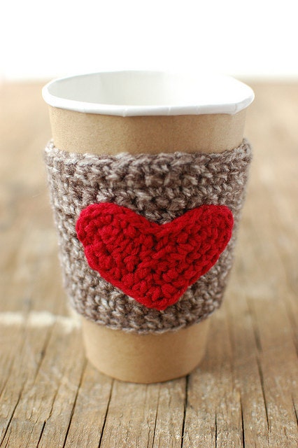 Coffee Cup cozy with red heart by The Cozy Project