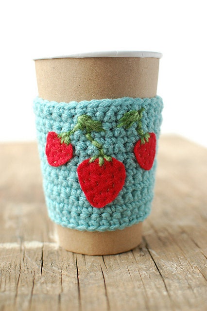 Coffee cozy,  Aqua  with Strawberries SPRINGPDX by The Cozy Project