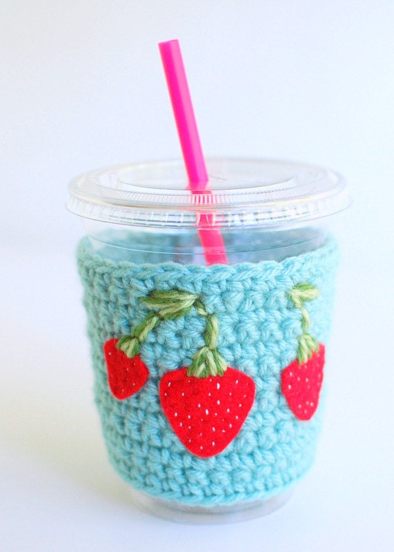 Coffee cozy,  Aqua  with Strawberries SPRINGPDX by The Cozy Project