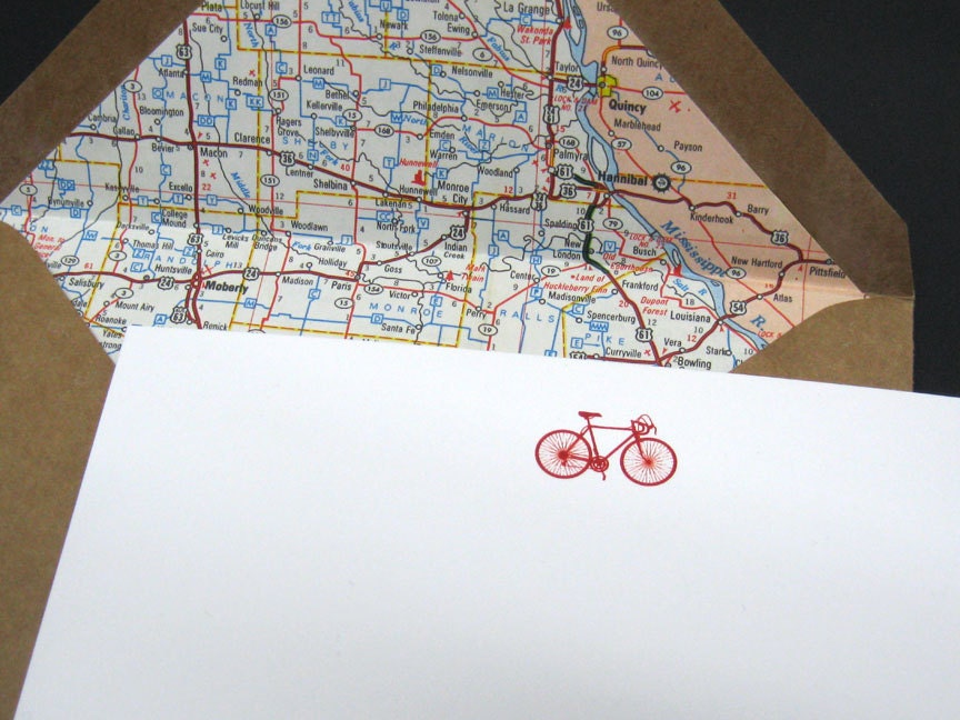 A6 engraved bicycle note cards with vintage road maps - Red