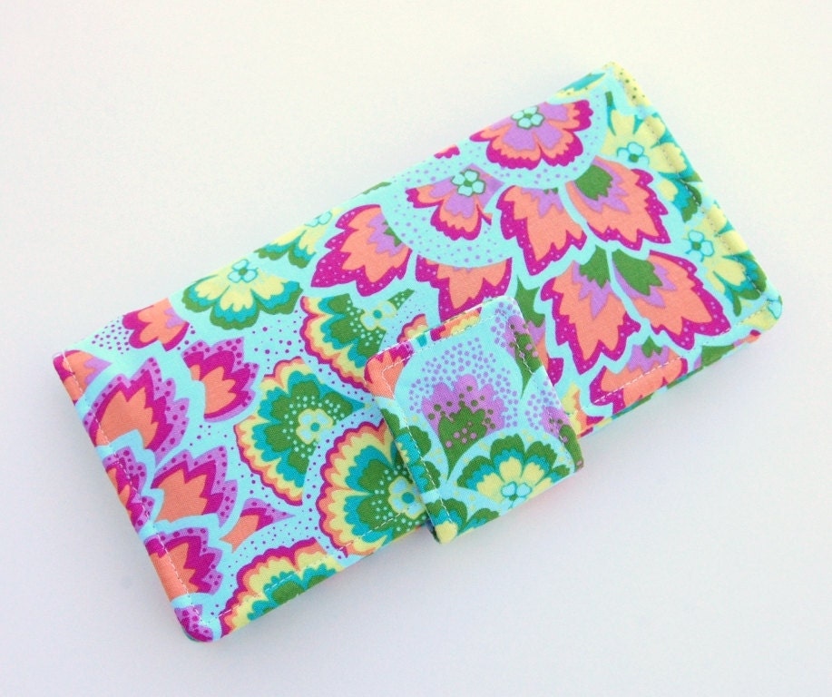 Dreamy Bifold Wallet - Smart Phone Clutch -  Amy Butler Soul Blossoms Peacock Feathers- Sea Glass - Wristlet Option
