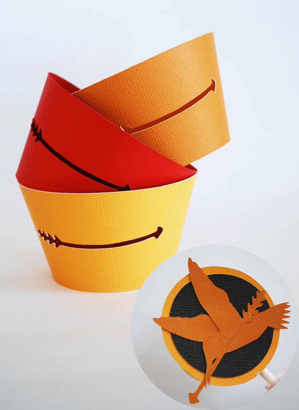 Hunger Games Inspired Mockingjay Pin Cupcake Toppers and Arrow Wrapper Set of 24 Your Choice of Color By Your Little Cupcake