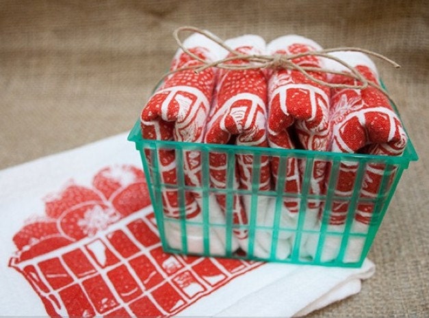 Set of Four Flour Sack Strawberry Basket Napkins