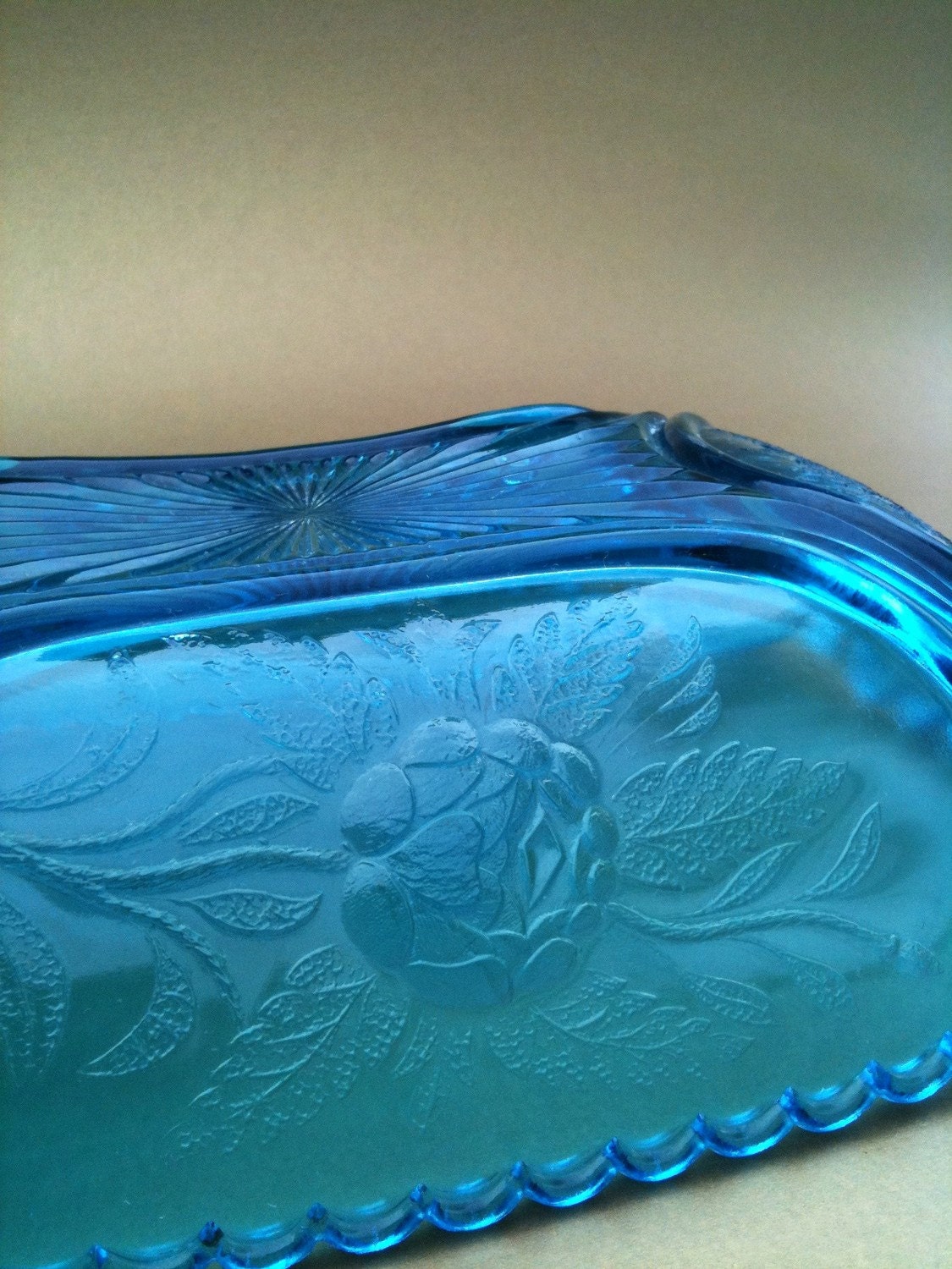 Vintage Blue Art-Glass Scalloped Candy Dish.  Intricate Floral Rose Pattern.