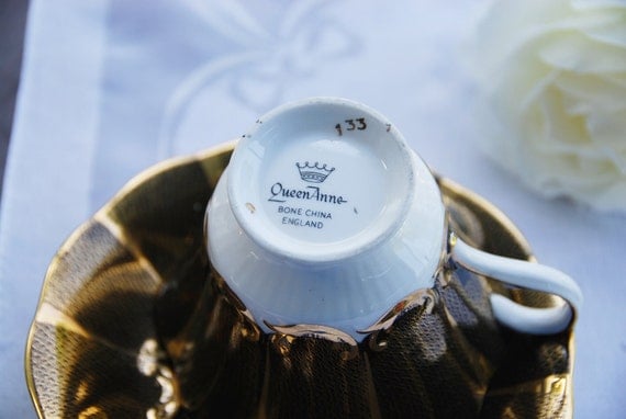 Vintage Queen Anne Tea Cup and Saucer, Glowing Black and Gilt, England