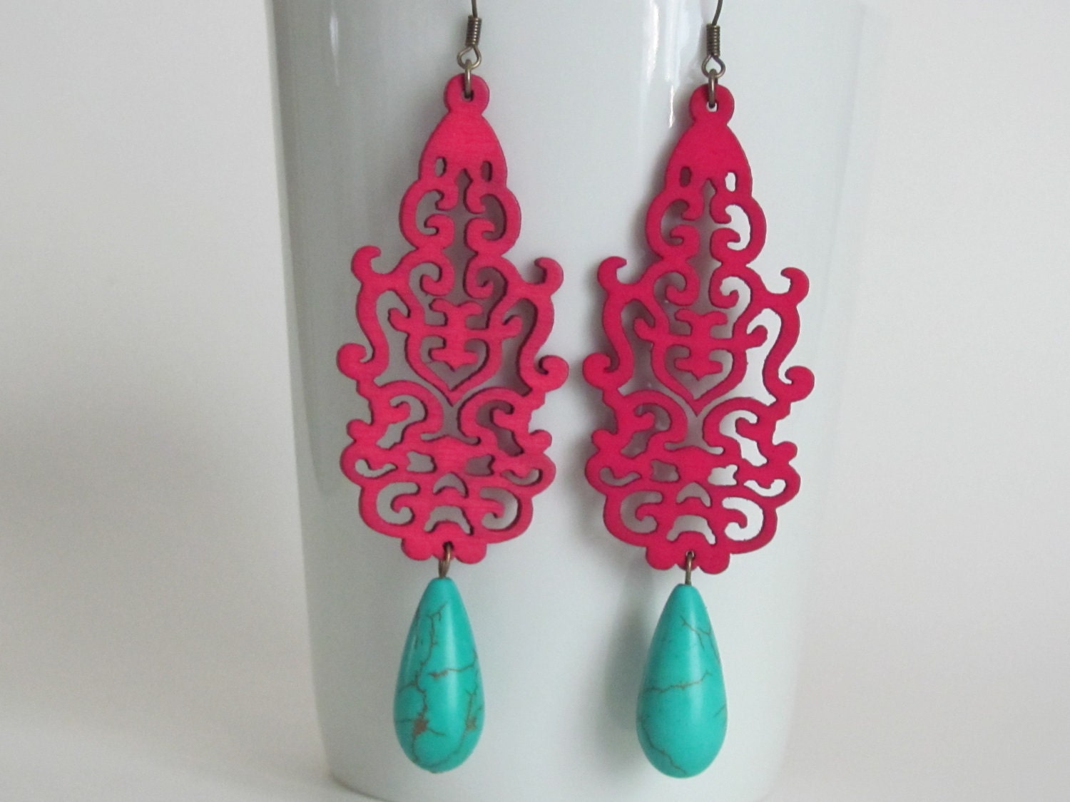 Hot Pink Earrings Fushia Neon Earrings Turquoise Earrings Women Jewelry Gift Statement Earrings Chandelier Earrings Wood Earrings Wedding