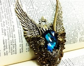 Poseidon (Gold/Blue) Winged Aged brass filigree pendant Fantasy mythology inspired jewelry - Vintage victorian steampunk gothic style