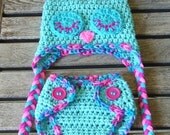 Sleepy "Cotton Candy" Owl Diaper Cover & Hat Set  (Newborn - 3 months)