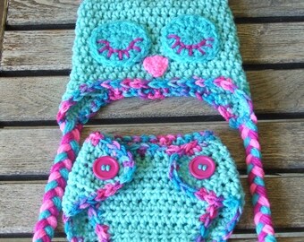 Sleepy "Cotton Candy" Owl Diaper Cover & Hat Set  (Newborn - 3 months)