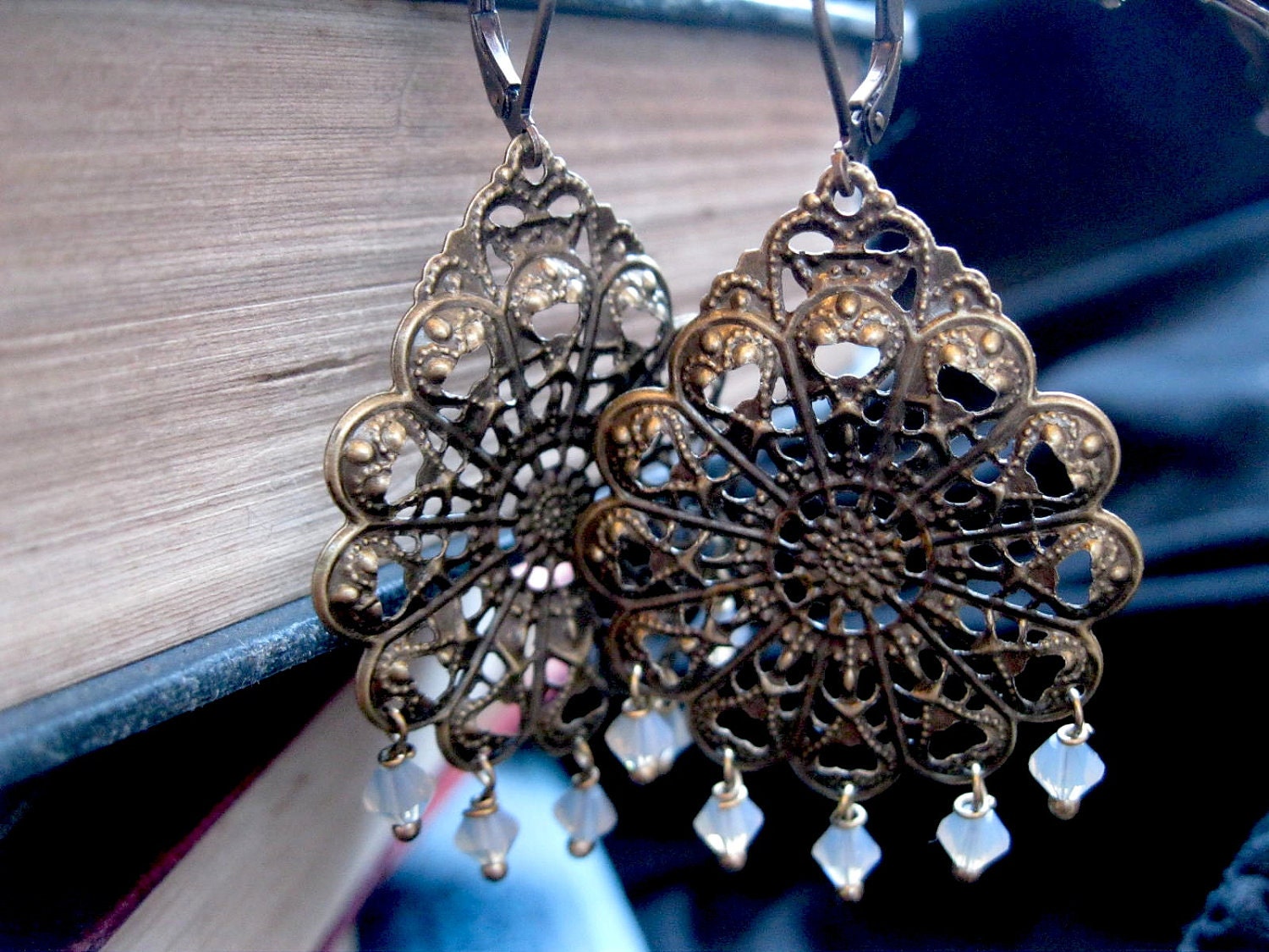 Dreamcatcher Gypsy Chandelier Earrings in Opal White or Cobalt Blue. Other Custom Colours.