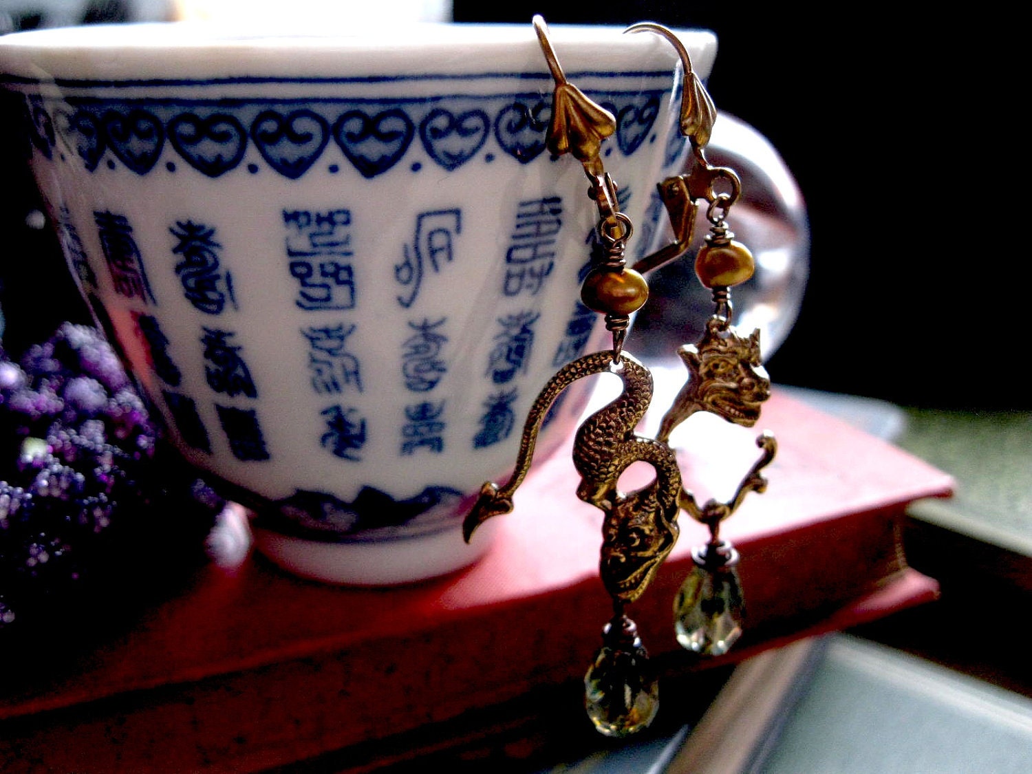 Steampunk Gargoyle Earrings, Brass and Freshwater Pearls. Gothic Oddity