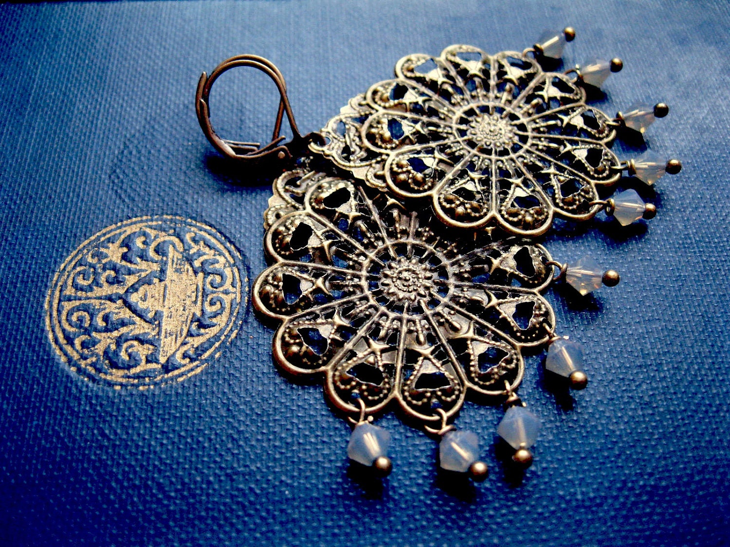 Dreamcatcher Gypsy Chandelier Earrings in Opal White or Cobalt Blue. Other Custom Colours.