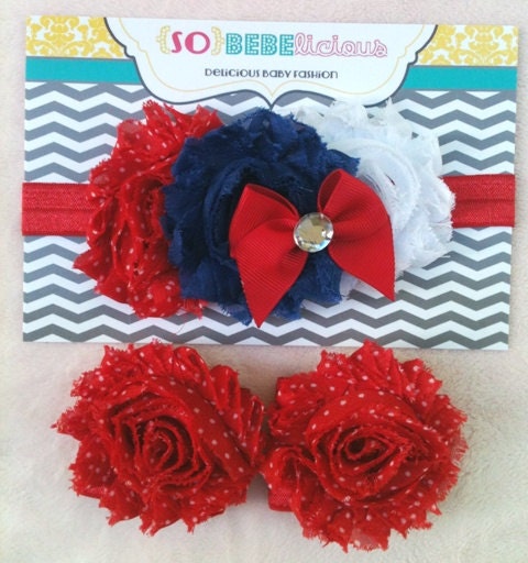 SALE- SET Independence Day American Baby Girl 4th of July Patriotic Princess Shabby Headband Shabby Shoes 0-5 months 5-12 months red white