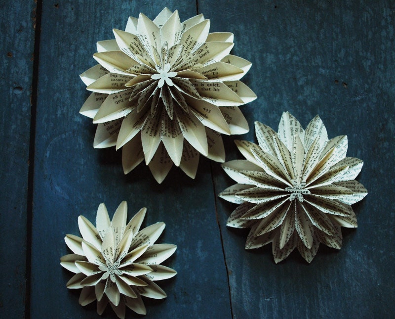 Paper Flower, Book Blossoms, Book Pages , Paper Dahlias, 3 Origami Flower on a stem or Ornaments