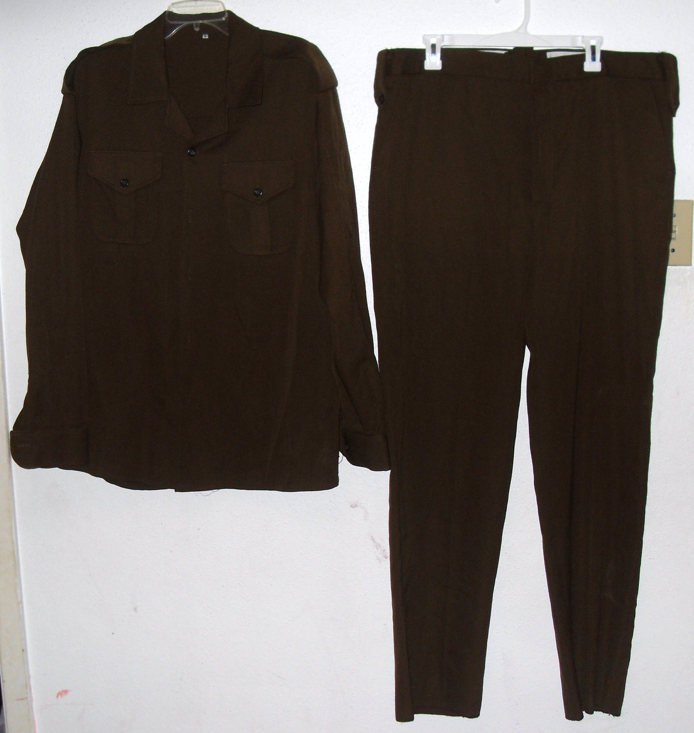 Vintage Military Uniform Suit Pants Shirt Large Dark Green Wool Blend Steampunk Cosplay