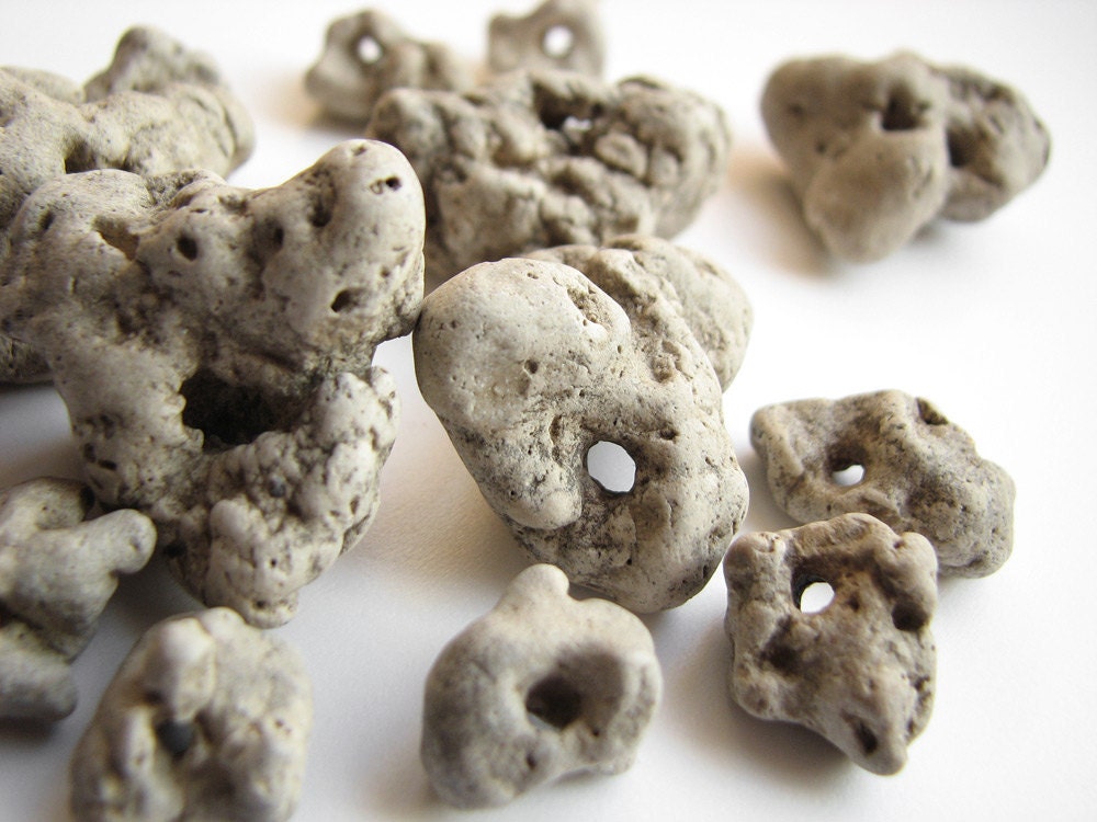 14 Rough Stone Beads - Jewelry Supplies - Naturally Perforated, Weathered Looking Holey Stones