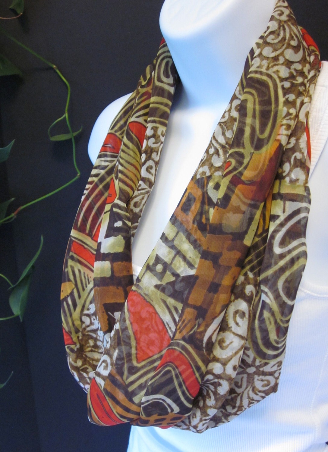 Scarf Infinity in Brown, Orange and Red Fall Colors Tribal Print Jungle Print