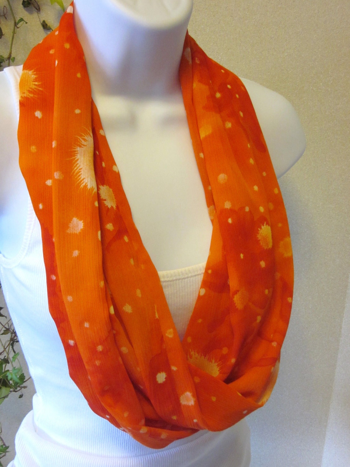 Bright Orange Infinity Scarf White Paint Splash Design Handmade Fashion by Thimbledoodle