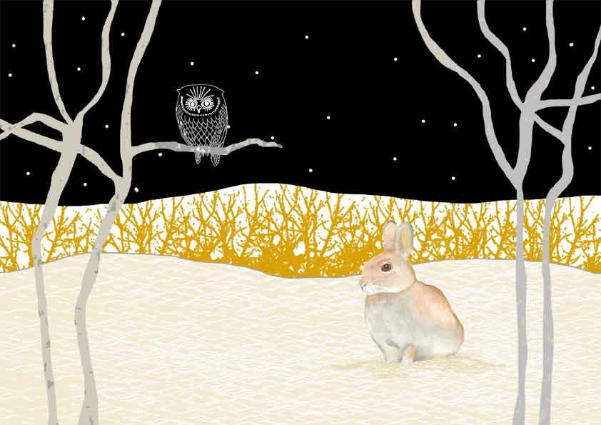 Brown rabbit and night owl illustration Archival print