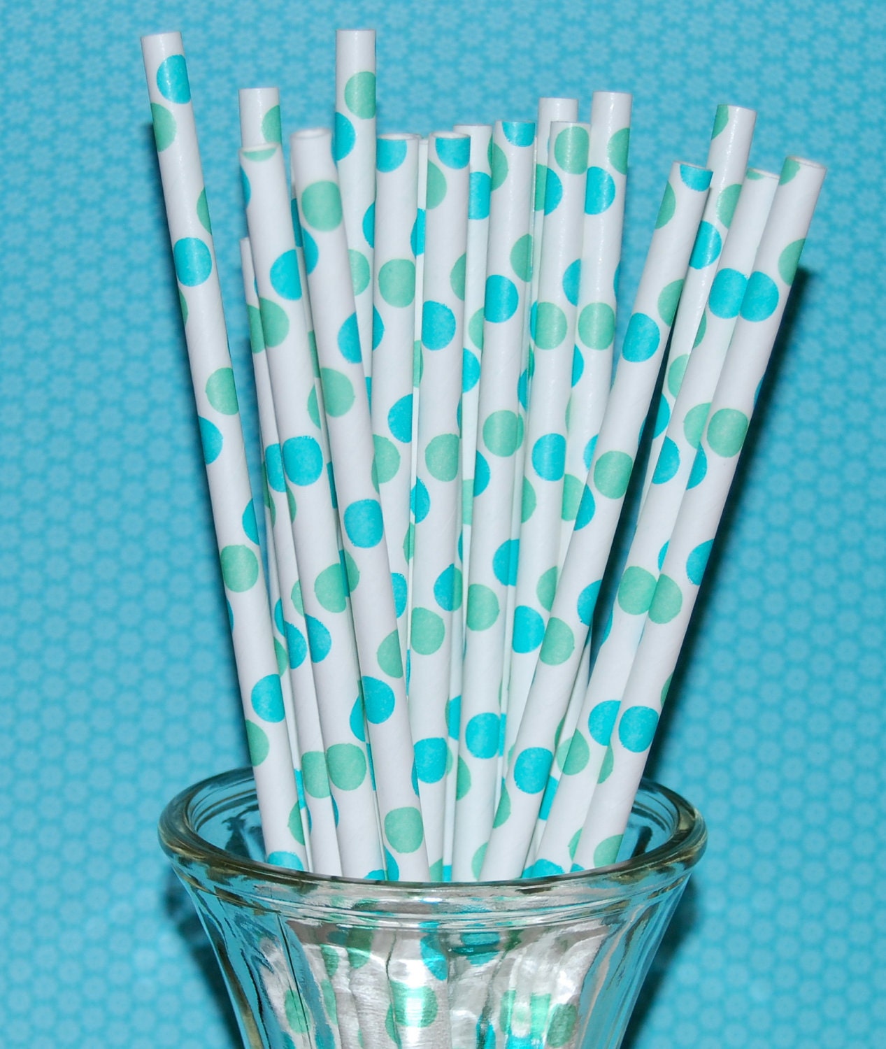 100 aqua blue and green  polka dot paper drinking straws -  with FREE Blank Paper Flags.  See also - "Personalized" flags option.