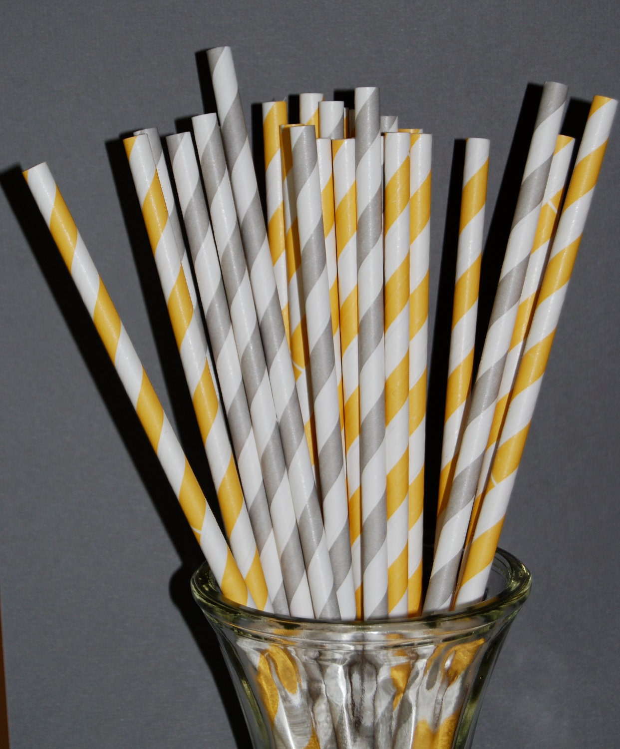 50 Grey and yellow mixed combo barber striped paper drinking straws - with FREE Blank Paper Flags.  See also - "Personalized" flags option.