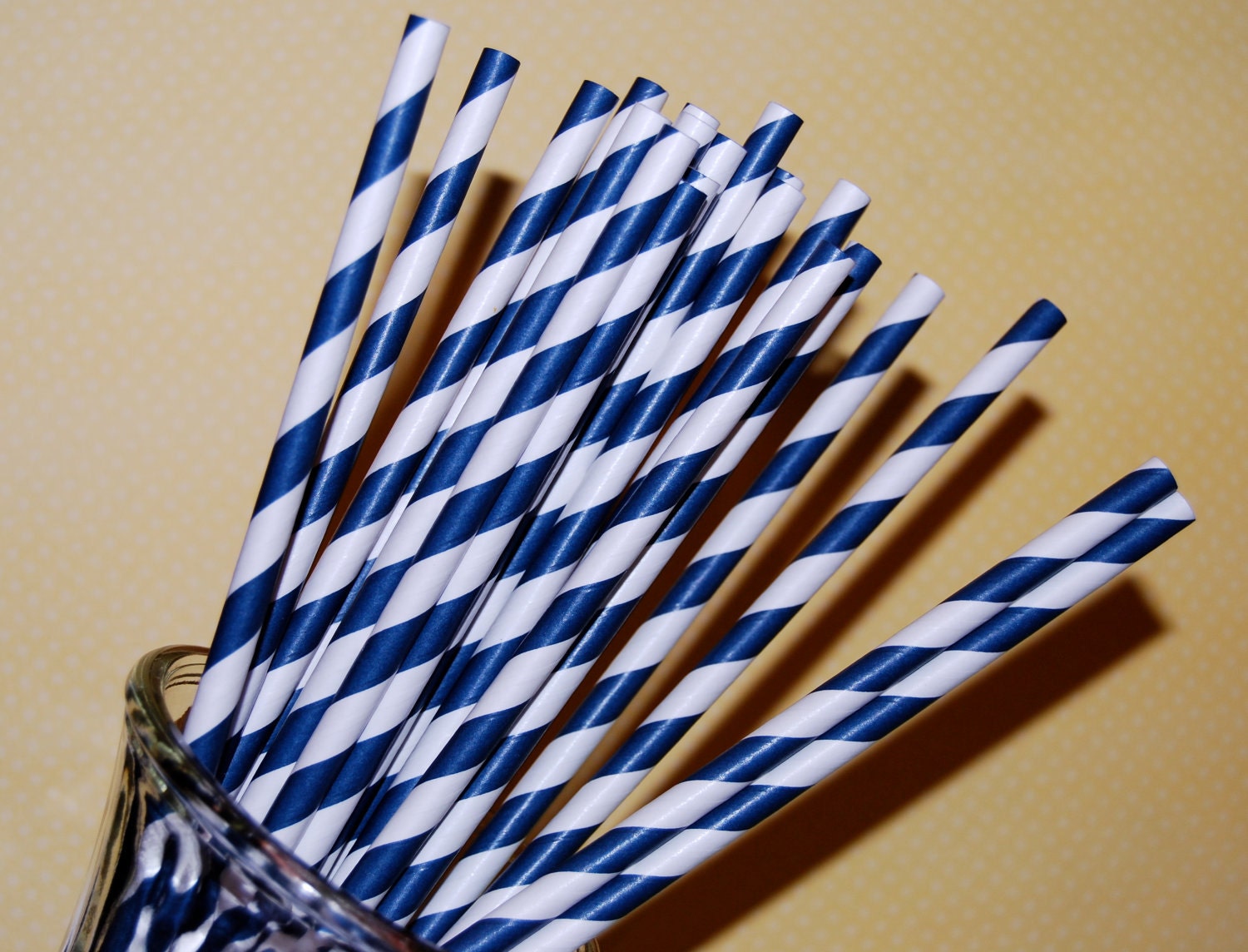25 Navy Blue and white barber striped paper drinking straws -  with FREE Blank Paper Flags.  See also - "Personalized" flags option.