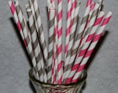 100 Paper Straws Raspberry pink & grey mixed  striped paper drinking straws -  FREE DIY Flags.  See also - "Personalized" flags option.
