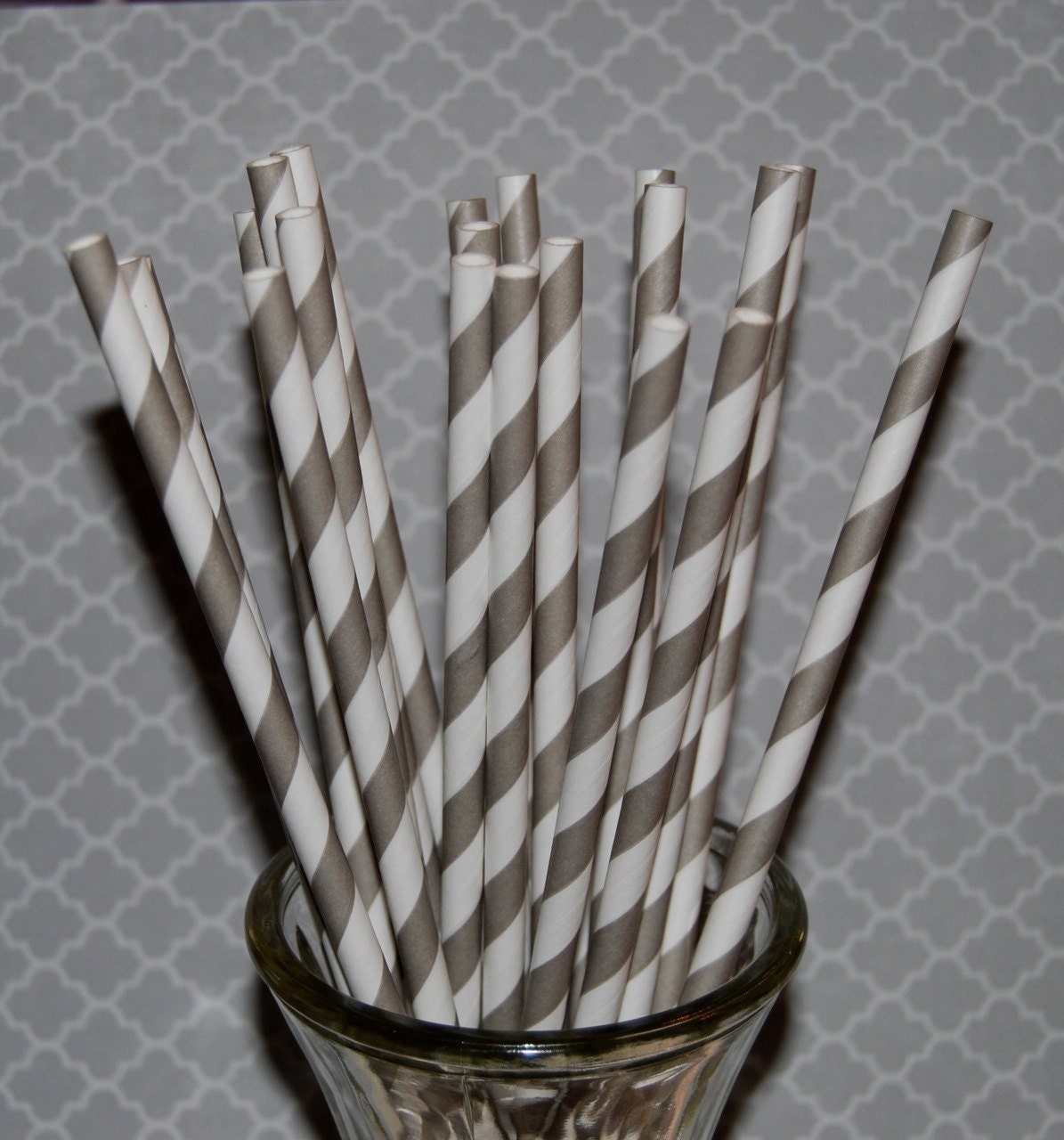 50 Extra Long 10.5" Soda Bottle Grey barber striped paper drinking  straws - with FREE DIY Flags.  See also - "Personalized" flags option.