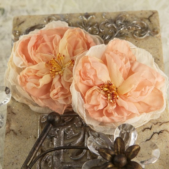 Parfait Collection -  Peche 547202 -  2 pcs Sheer silk fabric flowers with stamen  peach colored